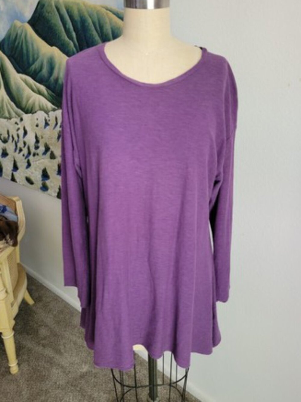 Cut Loose Knit Tunic with 3/4 Length Sleeves and Sharktooth Hem, Lilac, XL